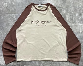 Vintage Yves Saint Laurent Pour Homme Raglan Long Sleeve Shirt Beige Brown XXL, YSL Embroidered Spell Out Tee, Retro Luxury Designer Top