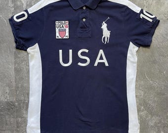 vintage Polo Ralph Lauren USA 10 - Chemise Medium | Polo de rugby Big Pony bleu marine pour homme | Polo Ralph Lauren USA avec écusson Team