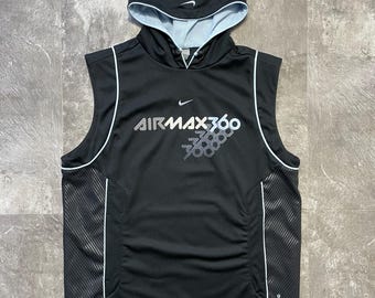 Vintage Nike Air Max 360 Sleeveless Hoodie Black Size L, Y2K 2000s Nike Hooded Vest, Retro Athletic Streetwear Men's Sportswear