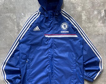 Vintage Chelsea FC Adidas coupe-vent 2013 bleu football imperméable à capuche homme taille L UK 42/44 rétro football manteau d'entraînement G89736