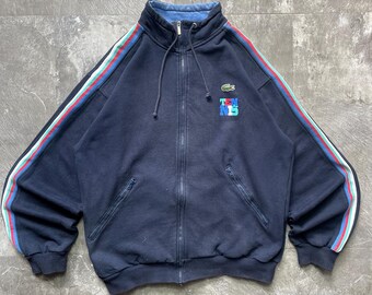 veste de survêtement de tennis Lacoste vintage sweat zippé bleu marine des années 90, bombardier sportswear rétro Devanlay Français Lacoste polaire taille 3/174