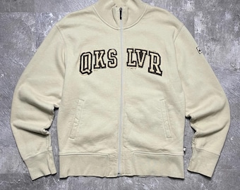 Sweat zippé Quiksilver vintage beige taille M, veste polaire Quiksilver Spellout Y2K, veste de survêtement esthétique skate surf des années 90