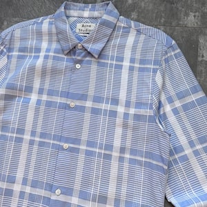 Acne Studios Plaid Shirt Size 48 M Slim Fit, Blue White Checked Long Sleeve Button Up Cotton Shirt, Premium Designer Men's Casual Shirt image 2
