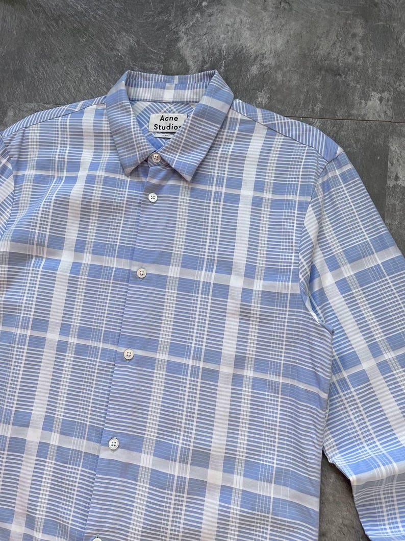 Acne Studios Plaid Shirt Size 48 M Slim Fit, Blue White Checked Long Sleeve Button Up Cotton Shirt, Premium Designer Men's Casual Shirt image 2