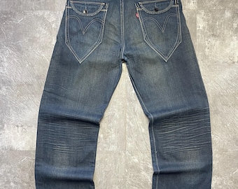 Luźne jeansy vintage Levi's 503, rozmiar 34x32, niebieski denim, rzadkie kieszenie z patkami Levi Strauss, luźne jeansy streetwearowe Y2K, męskie Levi's 503