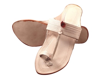 Handcrafted Leather Kolhapuri Sandals: White Indian Jutti Slip-On Flats