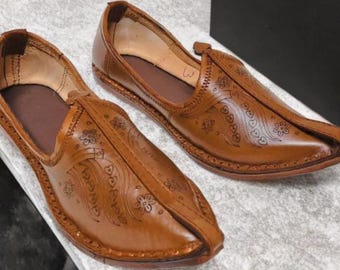Men's Brown Leather Jutti Shoes: Traditional Ethnic Punjabi Khussa Sandals
