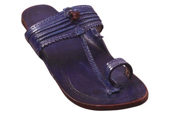 Handcrafted Blue Leather Kolhapuri Sandals – Ethnic Indian Slip-On Flats