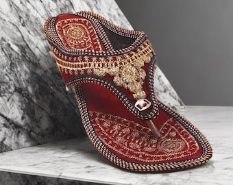 Handcrafted Red Velvet Kolhapuri Sandals with Gold Embellishments – Ethnic Jutti Flats
