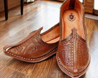 Pure Brown Leather mens Treditional Ethnic Wedding Shoes Indian Mojari Men Khussa Padded Slip On Men Loafers Punjabi Jutti Kolhapuri Sandal