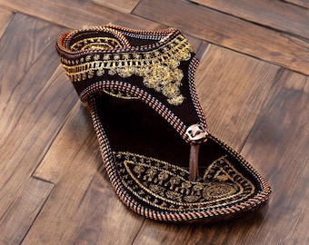 Handcrafted Leather Jutti Kolhapuri Sandals: Gold Embellished Ethnic Flats