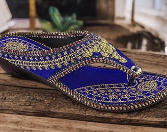 Handcrafted Blue Velvet Kolhapuri Sandals with Gold Embellishments – Ethnic Indian Juttis