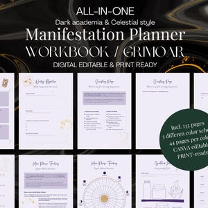 May include: A digital manifestation planner workbook with a dark marble background. The pages feature light purple sections, celestial icons, and text including ALL-IN-ONE, Manifestation Planner, WORKBOOK / GRIMOAR, and various tracking headers.