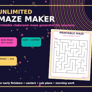 Könnte beinhalten: Eine digitale Grafik, die einen "Maze Maker" für Lehrer bewirbt. Das Design zeigt ein Beispiel-Labyrinth sowie den Text "Unlimited Maze Maker" und "Printable classroom maze generator for teachers". Zusätzlicher Text lautet "New Maze in 1 Click" und "Easy to Expert".