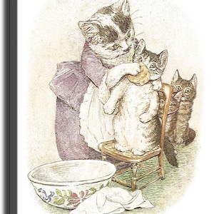 May include: A vintage-style illustration depicting a cat wearing a purple dress and white apron, washing the face of a small kitten standing on a wooden chair. Another kitten sits nearby, and a patterned ceramic bowl sits on the floor below.