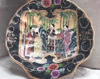 Vintage Japanese Satsuma Fine Hand Painted Porcelain Decorative Plate Floral 5.5" Black Gold