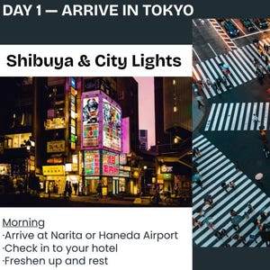 以下が含まれることがあります： 東京旅行の旅程の画像。「DAY 1 - ARRIVE IN TOKYO」と「Shibuya & City Lights」の文字が表示されています。夜の街並み、ライトアップされた建物、賑やかな横断歩道が写っています。