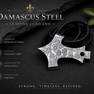 May include: Damascus steel pendant with a leather cord end. The pendant has a unique pattern and is displayed on a dark surface. The text on the image reads "Damascus Steel Leather Cord End".
