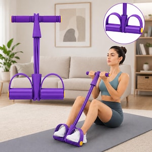 May include: Purple and yellow exercise equipment with foot and hand grips. The equipment is being used by a person wearing a blue sports bra and gray shorts. The person is sitting on a gray mat.