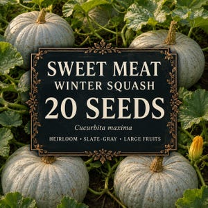 Könnte beinhalten: Ein schwarzes rechteckiges Schild mit goldenen Zierrändern und dem weißen Text: SWEET MEAT WINTER SQUASH 20 SEEDS Cucurbita maxima HEIRLOOM • SLATE-GRAY • LARGE FRUITS, platziert über mehreren runden, schiefergrauen Winterkürbissen in einem Garten.