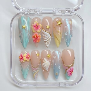 Watercolor Blush BTS Press On Nails, Gold Foil Cherry Blossom Fake Nails, Kpop Army Fandom Custom Nails, Floral Spring Acrylics