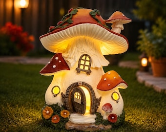 Solar Pilz-Feenhaus-Licht, wunderliches Harz-Cottage, verzauberter Garten-Dekor (17,5×15,2×21,4 cm)