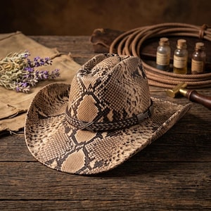 May include: A cowboy hat featuring a tan and dark brown snakeskin pattern. The hat has a structured crown and a wide, curved brim. A dark brown braided leather band with a metallic cross-shaped emblem encircles the base of the crown.