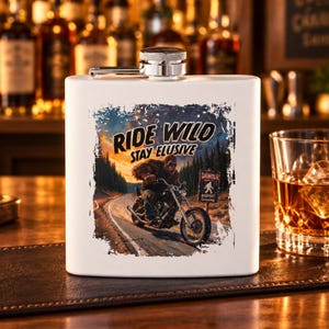 Ride Wild and Stay Elusive Bigfoot Flask, Stainless Steel 6oz, Biker Motorcycle Design