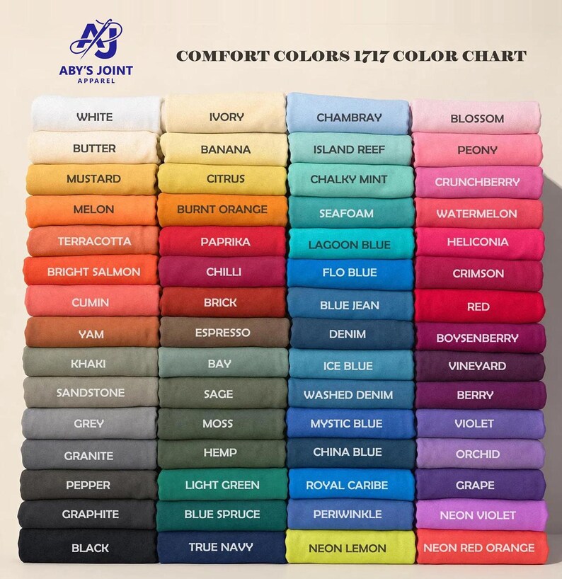 A Comfort Colors 1717 color chart displaying folded t-shirts in various colors with corresponding color names.