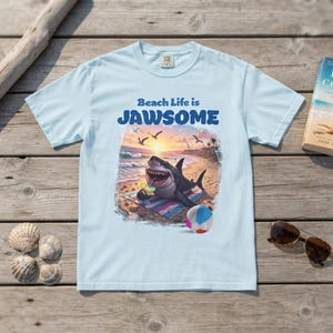 Garment-Dyed Shark T-Shirt | Beach Life JAWSOME Illustration, Heavyweight Cotton Tee