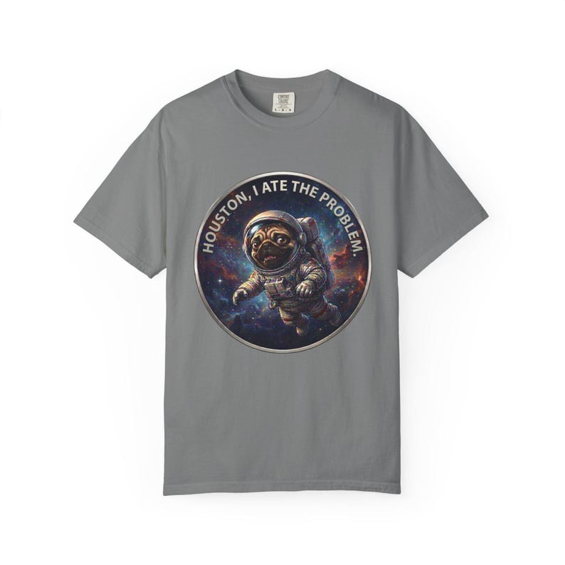 A grey crewneck t-shirt featuring the circular space pug graphic in the center.