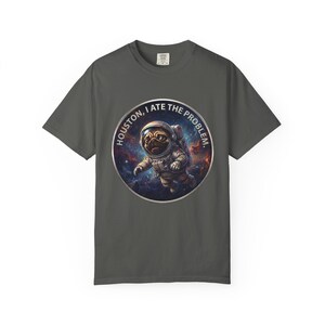 A dark charcoal grey crewneck t-shirt featuring the circular space pug graphic.