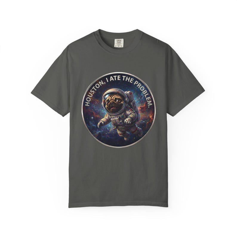 A dark charcoal grey crewneck t-shirt featuring the circular space pug graphic.