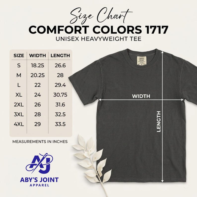 A size chart for the Comfort Colors 1717 unisex heavyweight tee with width and length measurements in inches next to a dark t-shirt.