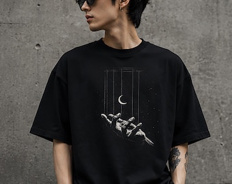 Minimalist Moon Hand Graphic Tee, Dark Celestial Streetwear Shirt