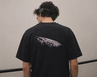 Oversized Moon Texture Back Print T-Shirt, Dark Academia Streetwear Tee