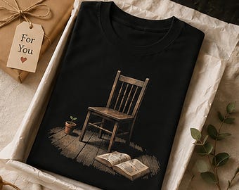 Empty Chair Open Book Plant Graphic Tee, Vintage Reflection Minimalist Growth Shirt