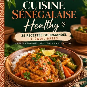 Könnte beinhalten: Ein digitales E-Book-Cover mit dem Titel Teranga Glow Cuisine Sénégalaise Healthy, das eine Schüssel mit Fisch, Reis und Gemüse zeigt. Der Text enthält 35 Recettes Gourmandes et Équilibrées, Simples, Savoureuses, Pour la Vie Active und fünf Symbole.