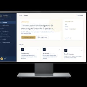 Könnte beinhalten: Ein Computermonitor, der die Vellum Growth Studio-Oberfläche anzeigt. Der Bildschirm zeigt Optionen für Listing-Autoren, Social-Media-Posts und E-Mail-Kampagnen. Der Text auf dem Bildschirm lautet: "Verwandeln Sie die neue Auflistung dieser Woche in einen vollständigen Marketing-Push in unter fünf Minuten."