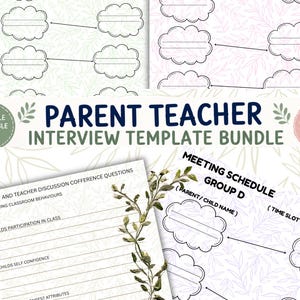 May include: A parent teacher interview template bundle featuring multiple meeting schedule sheets for groups A, C, and D with cloud-shaped text boxes, and a discussion conference questions sheet decorated with a green botanical leaf illustration.