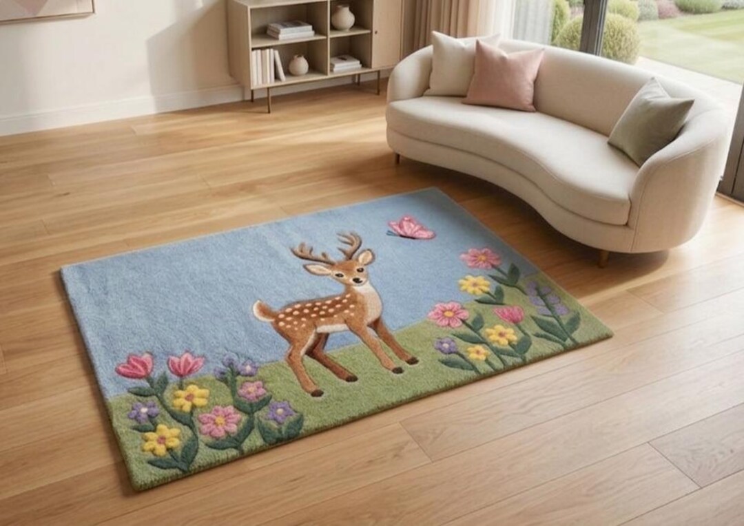Hand Tufted Deer Rug, Kids Room Wool Rug, Woodland Nursery Carpet ...