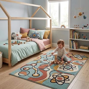 Kids Science Hand Tufted Wool Rug, Modern Atomic Pattern Area Rug for Playroom Bedroom and Educational Room Decor wool area