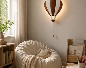 Lámpara de pared con forma de globo aerostático, lámpara de pared para guardería, luz nocturna infantil a pilas, decoración de pared de madera escandinava para la habitación del bebé.