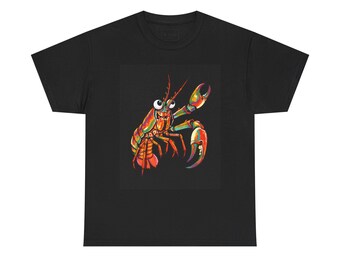 May include: A black short-sleeved t-shirt featuring a central graphic of a lobster. The lobster is illustrated with vibrant, multi-coloured segments in shades of red, orange, yellow, green, and blue, and it has large, prominent white eyes.