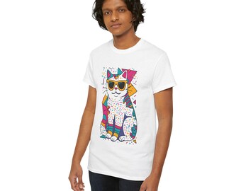 Retro 90s Cat T-Shirt — Memphis Style Geometric Cat Tee, Funky Cat Mom and Cat Lover Gift | Mr. Wildside