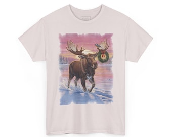 Moose Christmas T-Shirt — Bull Moose With a Wreath on a Frozen Lake at Sunset, Vintage Holiday Moose Lover Gift | Mr. Wildside