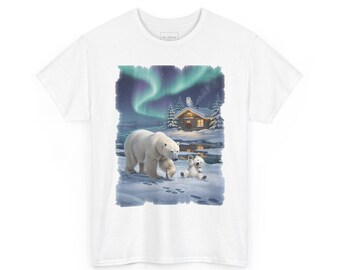May include: A white t-shirt featuring a graphic print of a polar bear and a cub in a snowy landscape. The scene includes a small cabin with glowing windows, an owl on the roof, and green aurora borealis lights in the night sky.