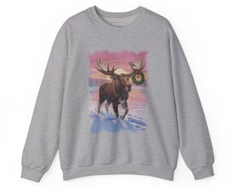 Moose Christmas Sweatshirt — Bull Moose With a Wreath on a Frozen Lake at Sunset, Vintage Holiday Moose Lover Gift | Mr. Wildside
