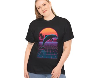 Vaporwave Dolphin T-Shirt — 90s Neon Sunset Ocean Tee, Retro Y2K Aesthetic Dolphin Lover Gift | Mr. Wildside
