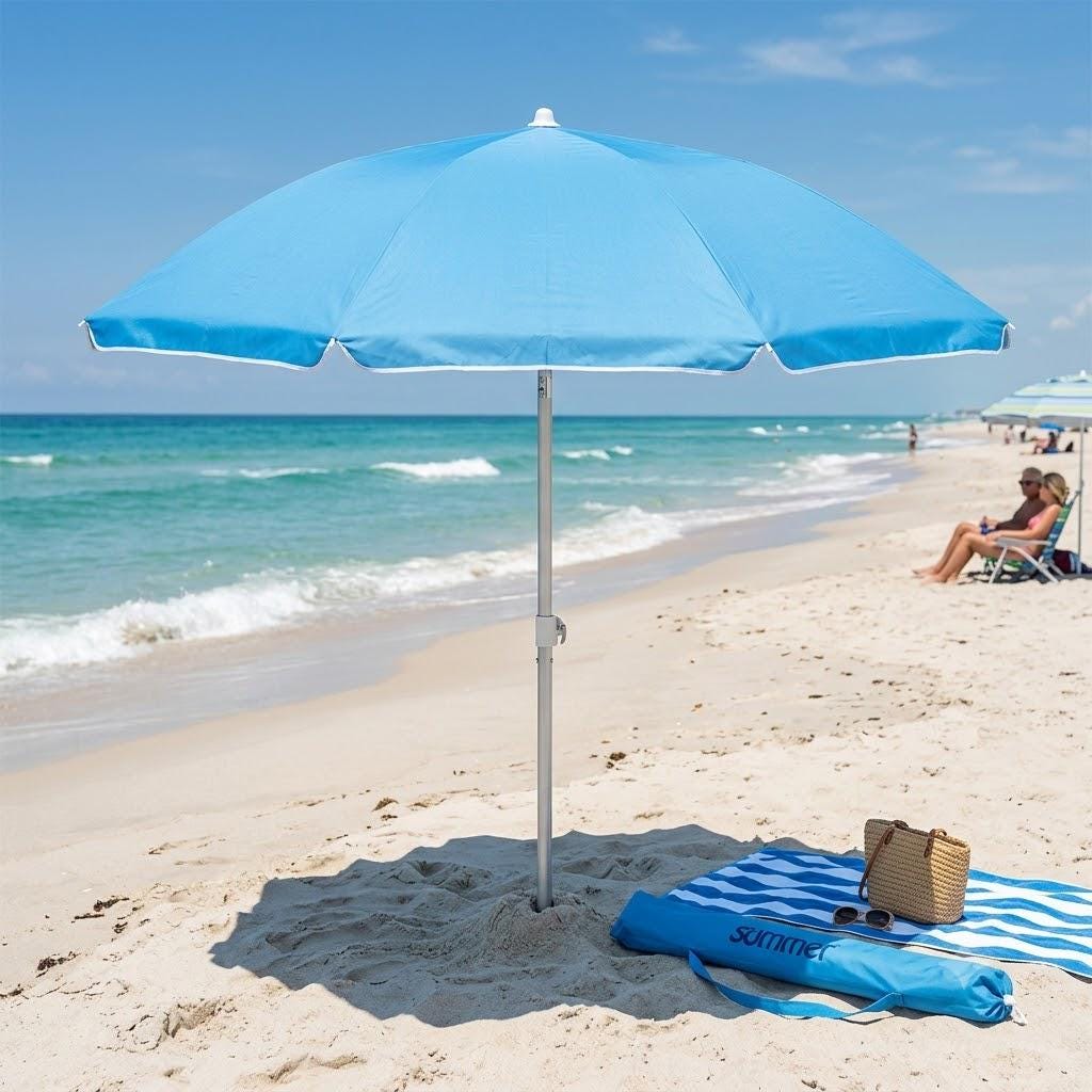 Parasol 200 cm Avec Protection Uv Spf 100+, Parasol Portable Inclinable Ancre Pour Le Sable, De Voyage Léger Plage Et Jardin
